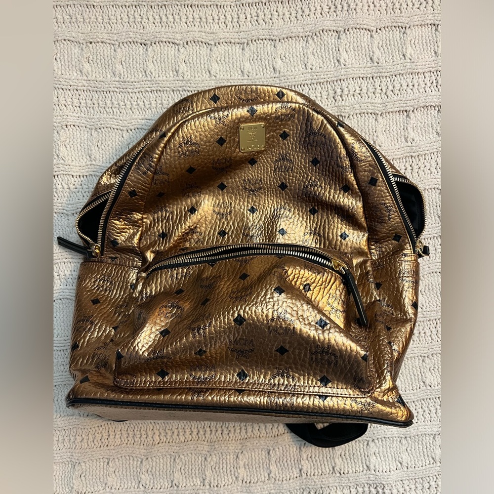 MCM large chrome gold backpack with authentic card and dust bag, EUC